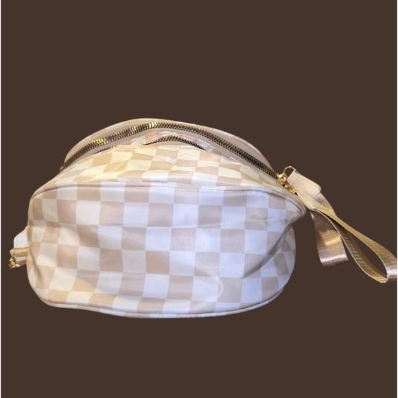 Beige Checkered Crossbody Bag Nylon Gold Hardware Adjustable Wide Strap Bum... - Picture 11 of 13